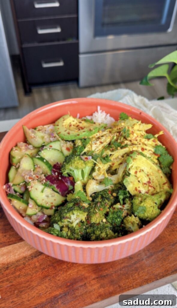 A nourish bowl with slow cooker honey ginger chicken.