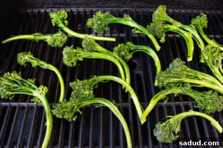 Seasoned broccolini sizzling on a hot grill, showing early char marks.
