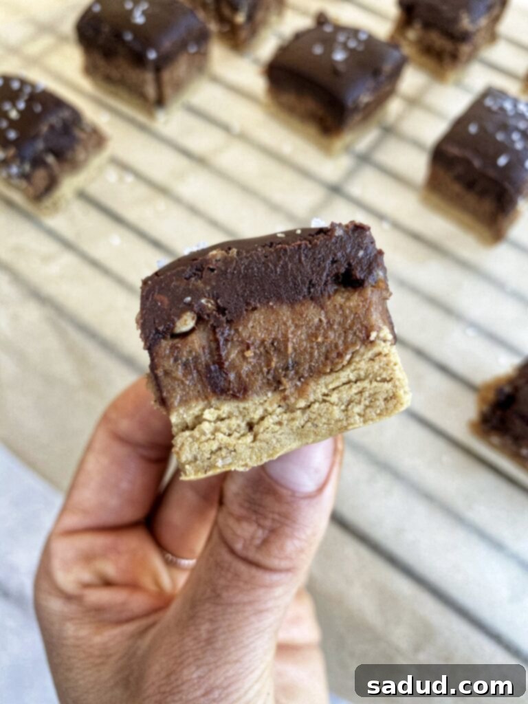 A perfectly square slice of Sunbutter Caramel Bar, showing distinct layers of oat base, creamy sunbutter caramel, and a smooth chocolate topping. This no-bake, nut-free dessert is a healthy treat.