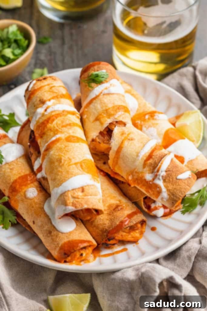 3/4-angle view of air fryer flautas on a paper plate surrounded by garnish and toppings.