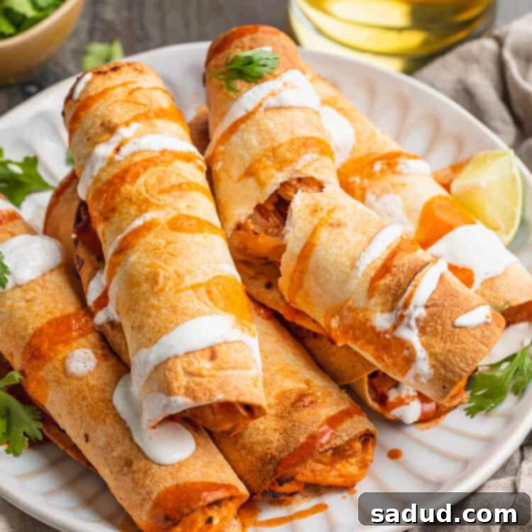 3/4-angle view of air fryer flautas on a paper plate surrounded by garnish and toppings.