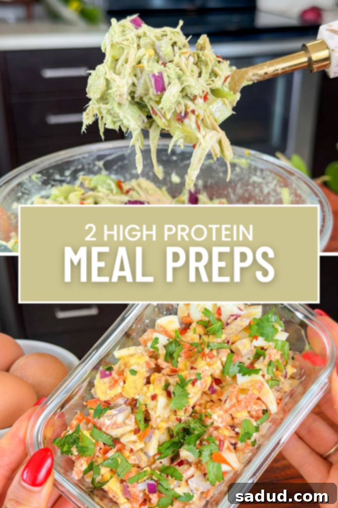 High Protein Meal Prep with various healthy ingredients and cooked meals.