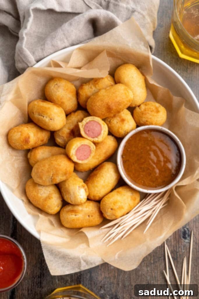 Overhead view of a large bowl of mini frozen corn dogs cooked in the air fryer, with a ramekin of smoky mustard sauce.