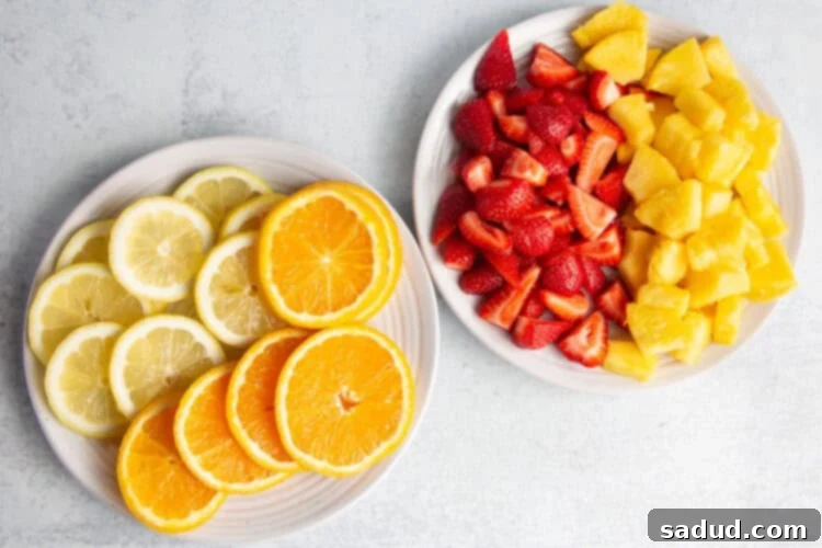 Overhead view of fresh fruit for jungle juice.