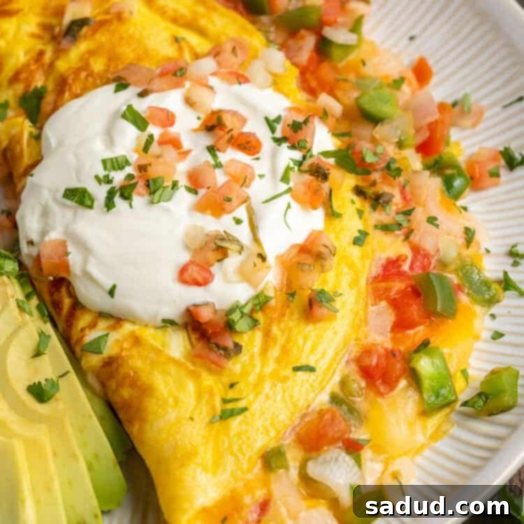 Angled view of a Mexican omelette filled with cheese, onion, and bell pepper, and topped with sour cream and slices of avocado.