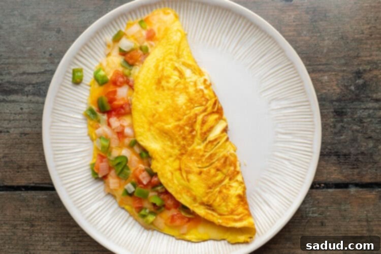 Overhead view of Mexican omelette, folded in half and resting on a white plate on a wooden table.