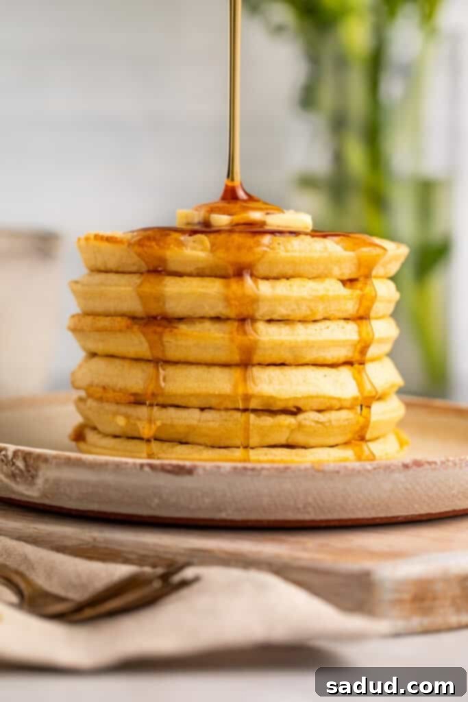 Side view of maple syrup being poured over a stack of 6 frozen waffles on a plate.