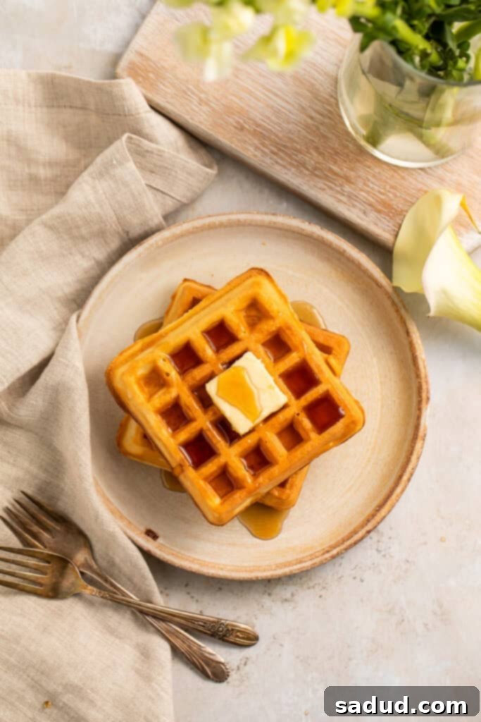 Overhead view of square frozen waffles topped with maple syrup and pats of butter on a plate.