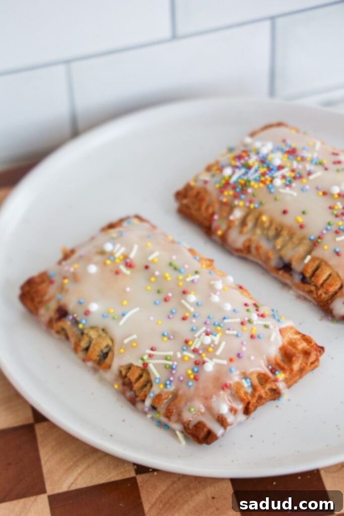Homemade gluten & dairy-free frosted blueberry pop-tarts with a sweet glaze and sprinkles.