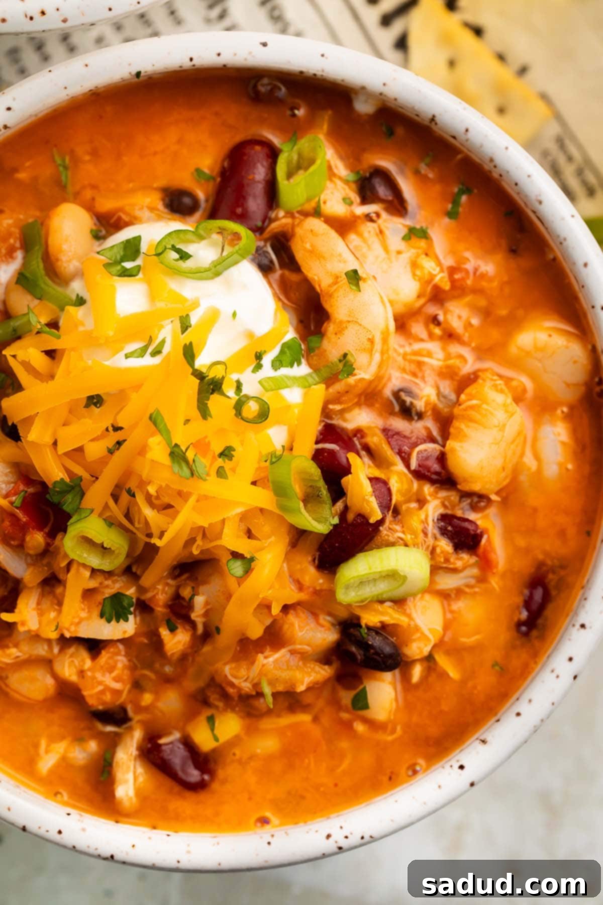A large bowl of rich seafood chili, with shrimp and beans topped with sour cream, shredded cheddar, and sliced green onions.
