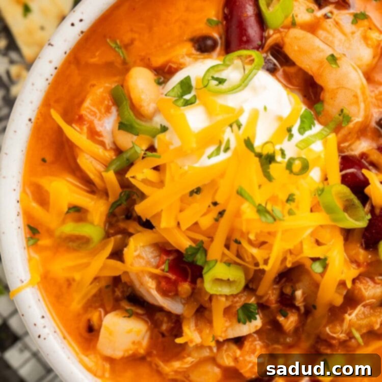 A large bowl of rich seafood chili, with shrimp and beans topped with sour cream, shredded cheddar, and sliced green onions.