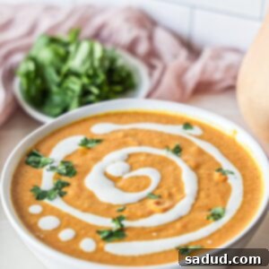 A close up shot of a bowl of Creamy Potato Carrot and Leek Soup, ready to be served.