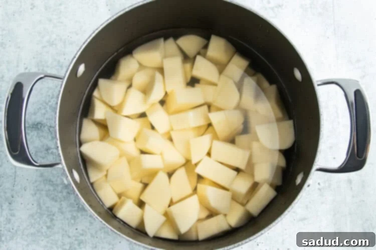 Overhead view of cubed potatoes in a pot with two handles on a white countertop, ready for boiling.