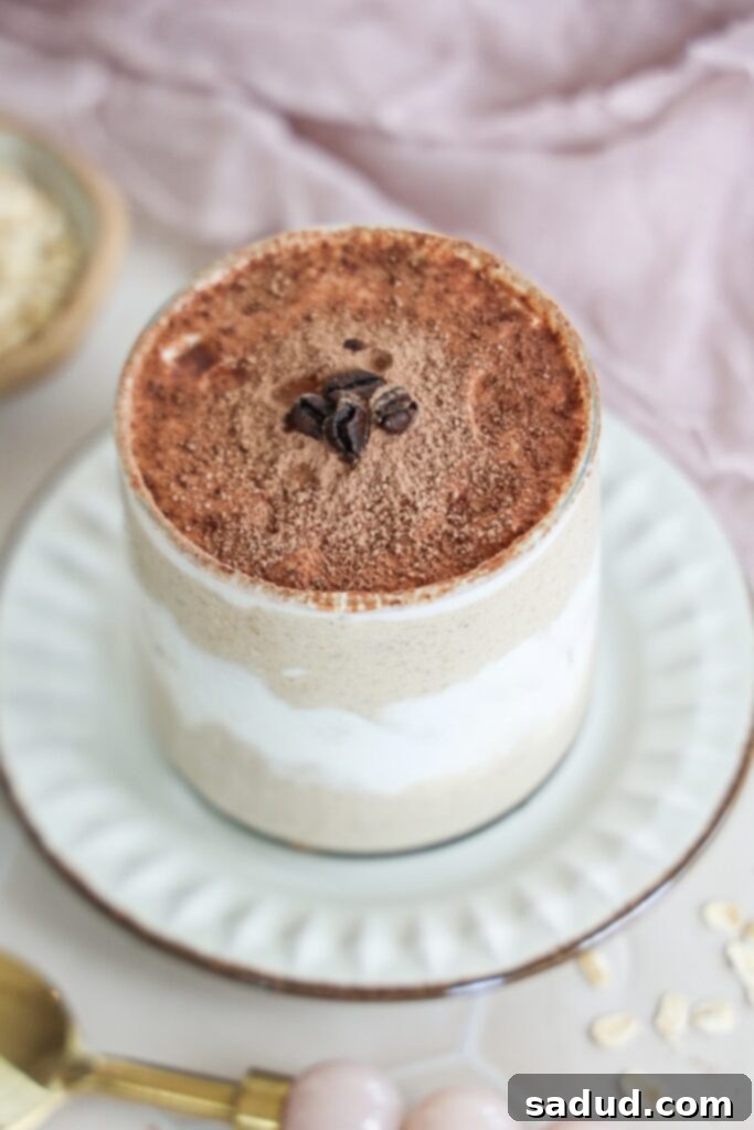 A jar of Tiramisu overnight oats.