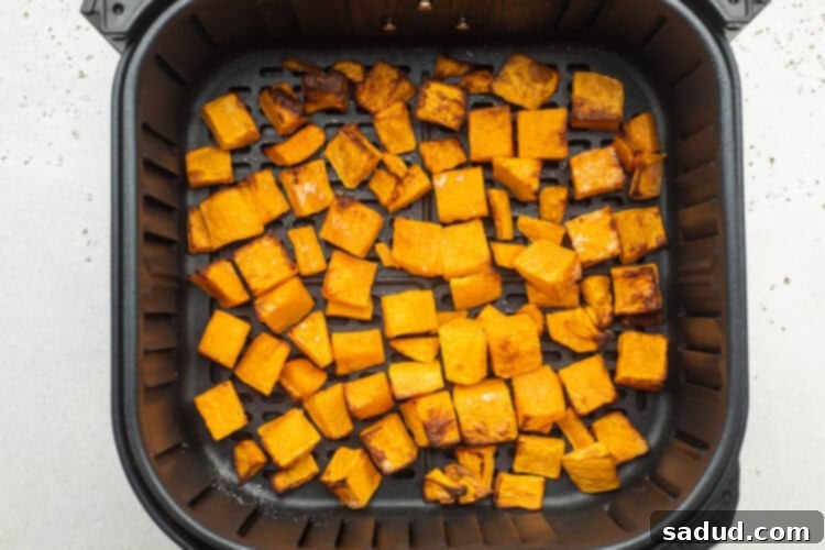 Overhead view of perfectly cooked, golden-brown butternut squash cubes in an air fryer basket, resting on a neutral countertop.