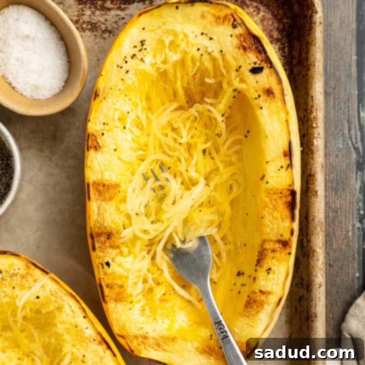 Overhead view of a beautifully grilled spaghetti squash resting on a baking sheet with a fork ready to shred the tender strands.