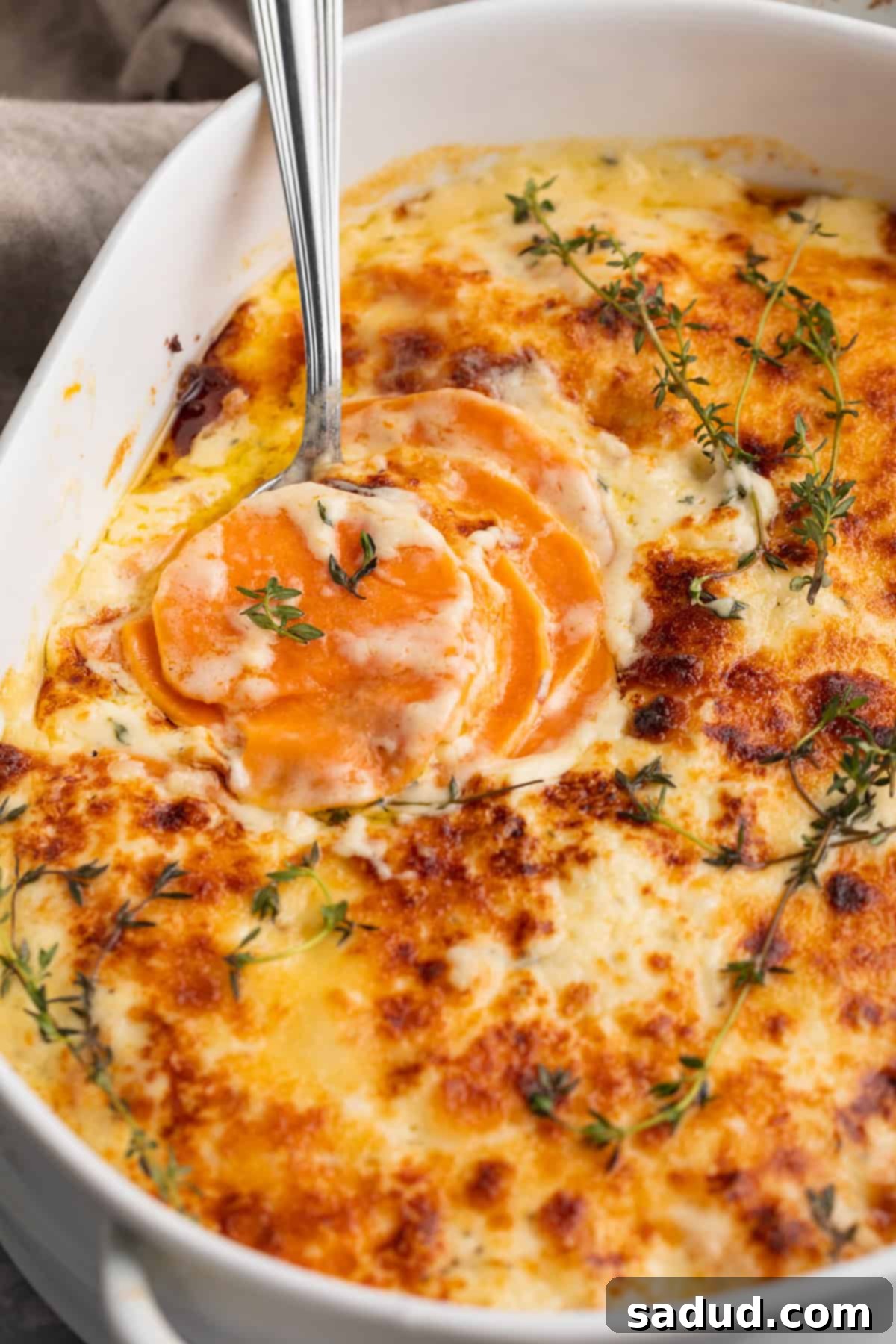 Close, angled shot of a large oval casserole dish filled with cheesy scalloped sweet potatoes and green garnish, showcasing the golden-brown top.