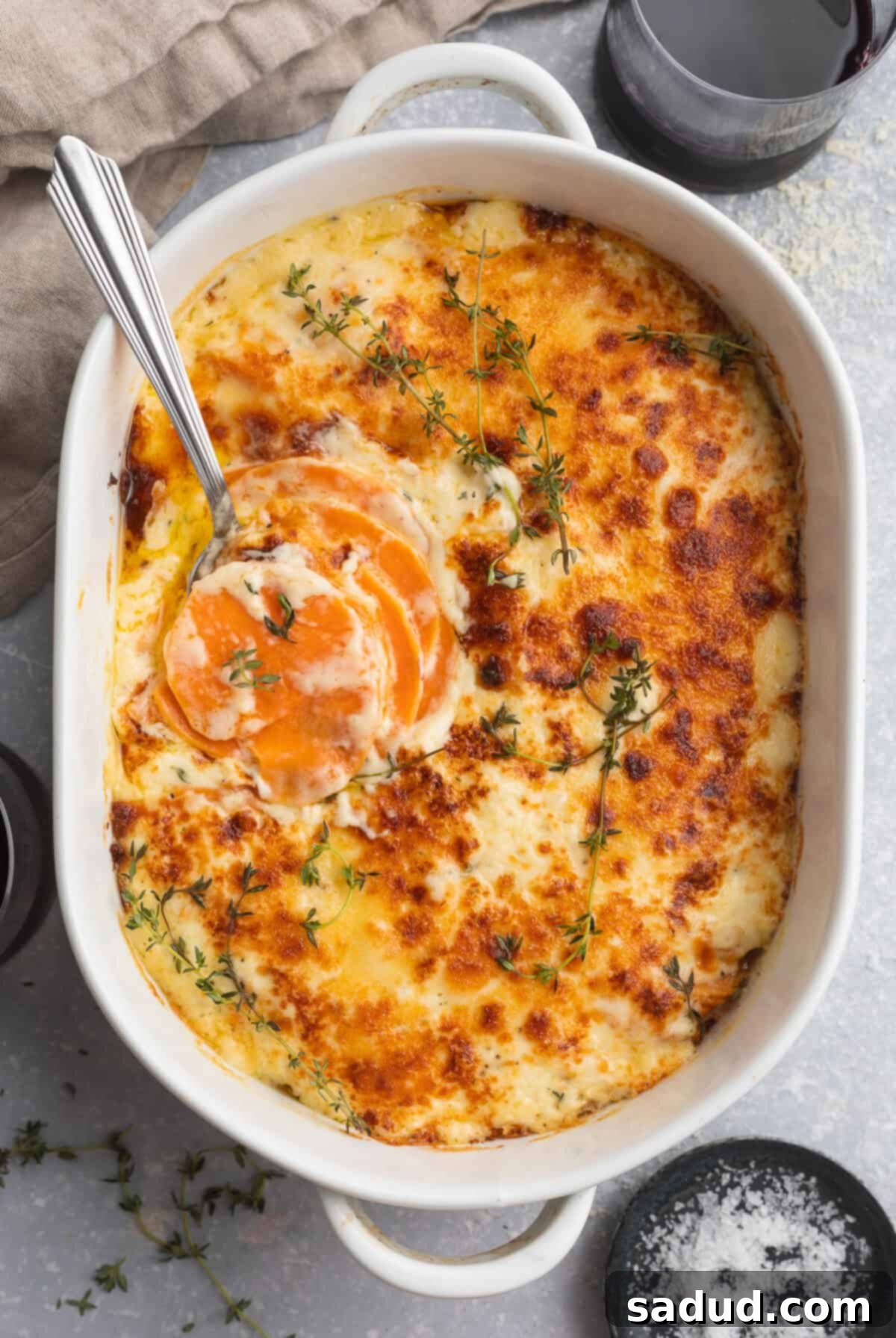 Overhead view of a large, oval casserole dish containing melty, cheesy, browned scalloped sweet potatoes, with a golden crust.
