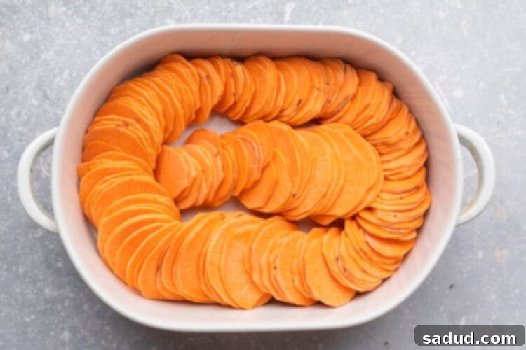 Overhead view of sweet potato slices arranged in a ring around the inside edge of an oval baking dish, with a row of slices in the center.