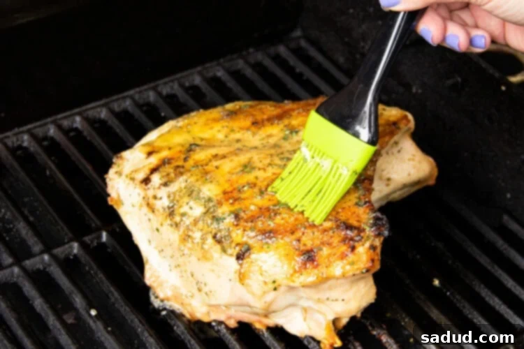 A view of a turkey breast on a grill while a hand holding a basting brush brushes additional butter over grilled skin, enhancing flavor and crispness.