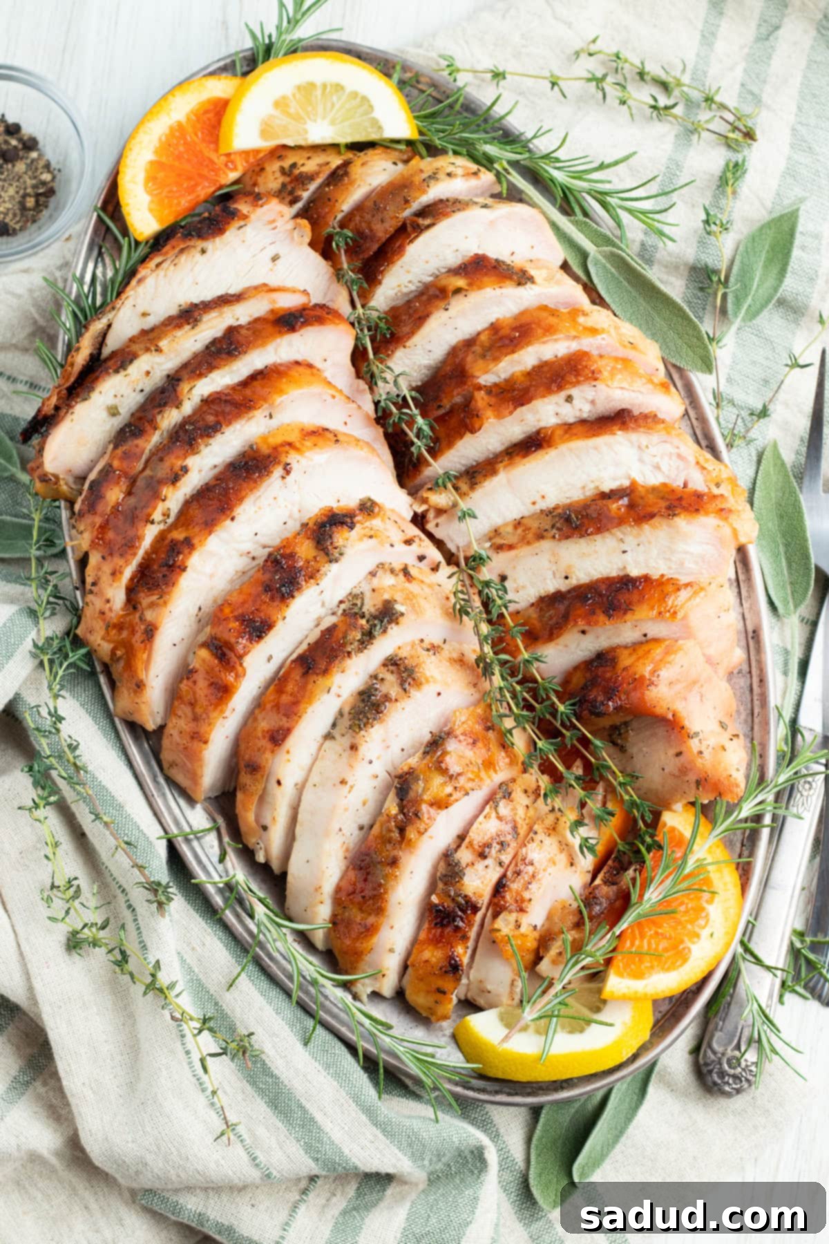 Overhead, zoomed out view of grilled turkey breast cut into thick slices and arranged on a serving platter with fresh herbs and lemon wedges, ready for a festive meal.