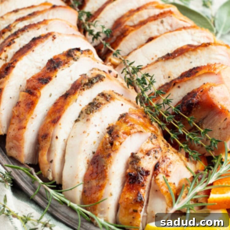 Overhead, zoomed in view of grilled turkey breast cut into thick slices and arranged on a serving platter with fresh herbs and lemon wedges, showcasing its crispy skin and juicy interior.