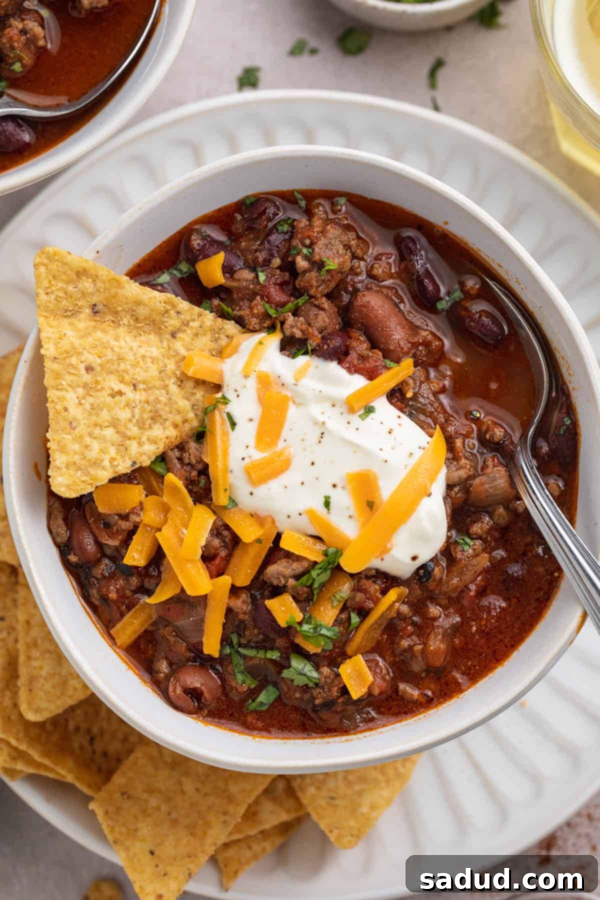 Overhead, close-up view of a bowl of Mexican chili on a white plate with tortilla chips, garnished with fresh cilantro.