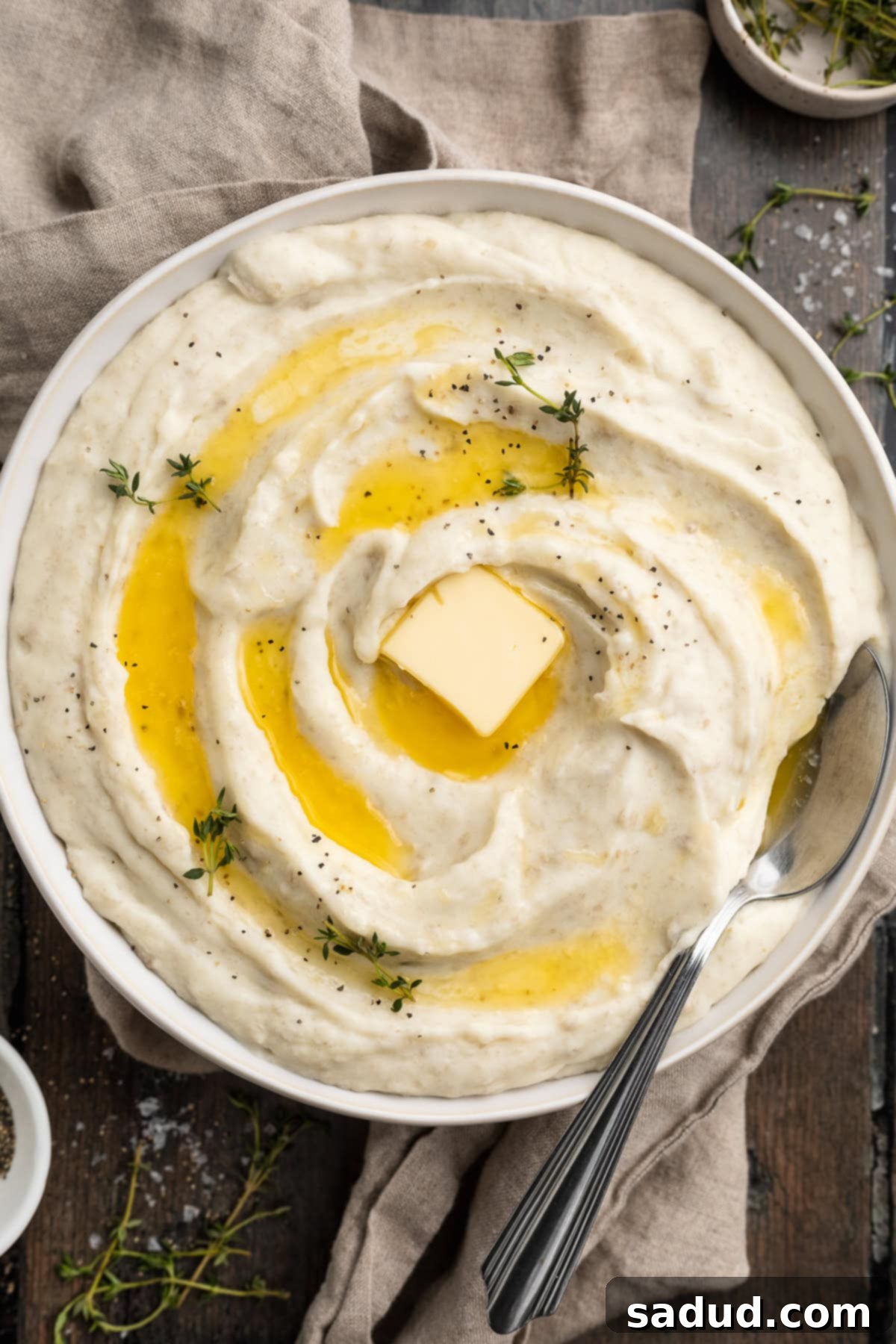 Overhead view of a bowl of whipped mashed potatoes topped with a drizzle of melted butter and a pat of solid butter, ready to be served.