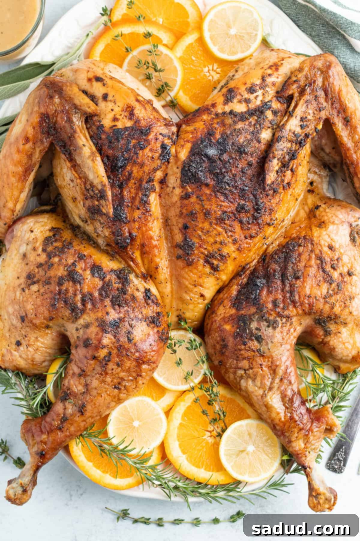 Overhead view of a grilled spatchcock turkey on a white serving platter garnished with lemon discs.