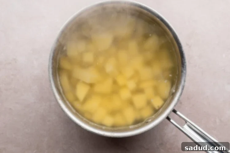 Overhead view of a silver pot holding boiling water, cubed potatoes, and salt on a neutral countertop.