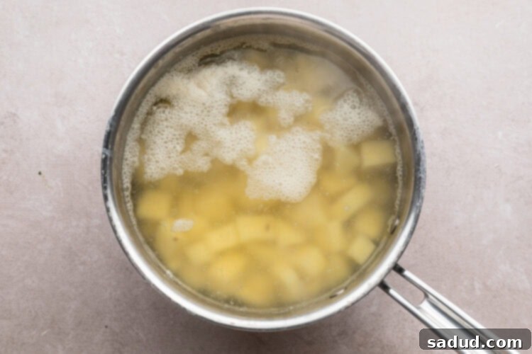 Overhead view of a silver pot holding boiling water, cubed potatoes, and salt on a neutral countertop.