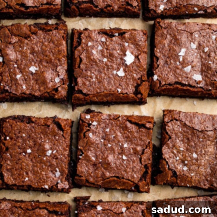 Decadent Dairy-Free Fudgy Brownies 4 A photo, taken from above, shows 4 rows of 3 dairy-free brownies on a sheet of parchment paper, highlighting their perfect crackly tops.