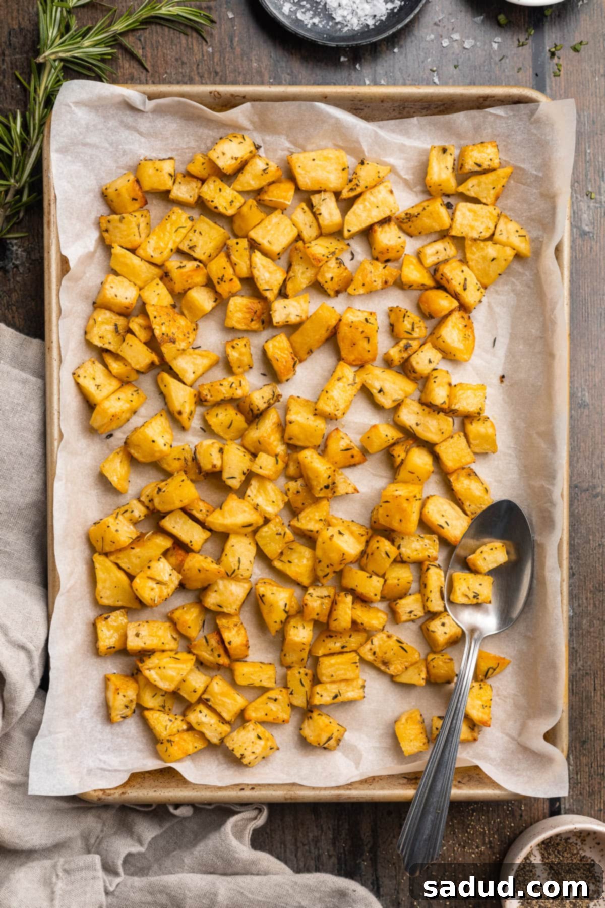 Overhead view of perfectly golden and crispy diced potatoes fresh out of the oven, arranged neatly on a baking sheet lined with parchment paper.