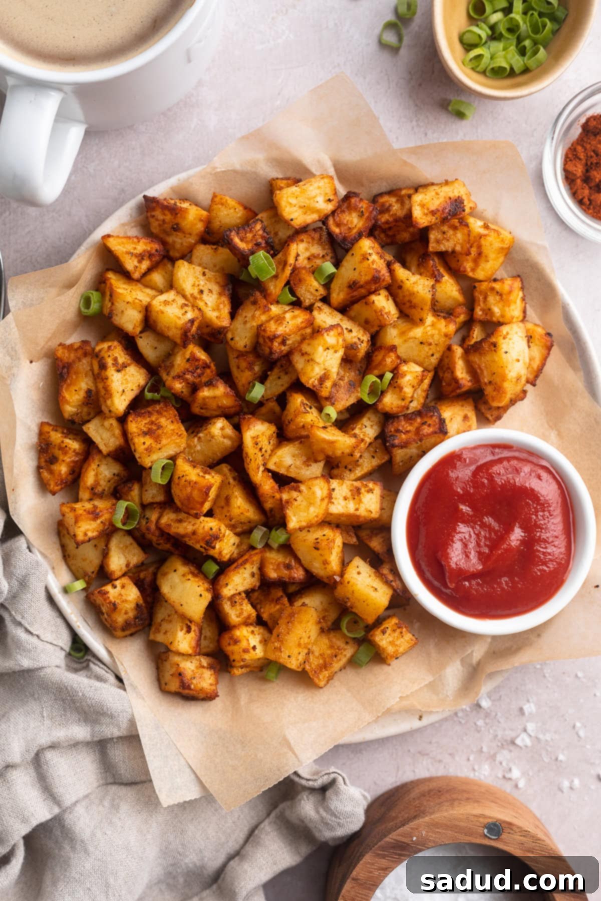 Crispy Air-Fried Morning Spuds 2 Overhead view of air fryer breakfast potatoes on a large round plate next to a ramekin of ketchup.