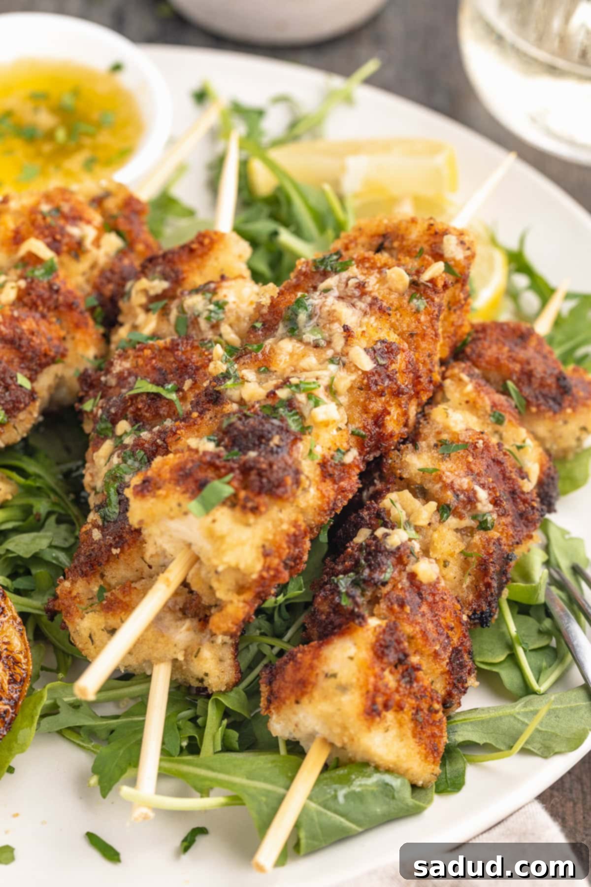 Chicken spiedini skewers on a bed of lettuce on a round white plate.