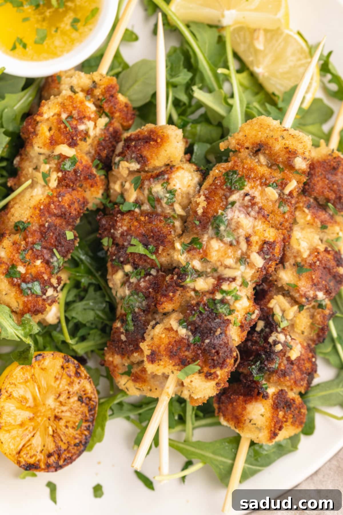 Closeup of chicken spiedini skewers on a bed of lettuce on a round white plate.