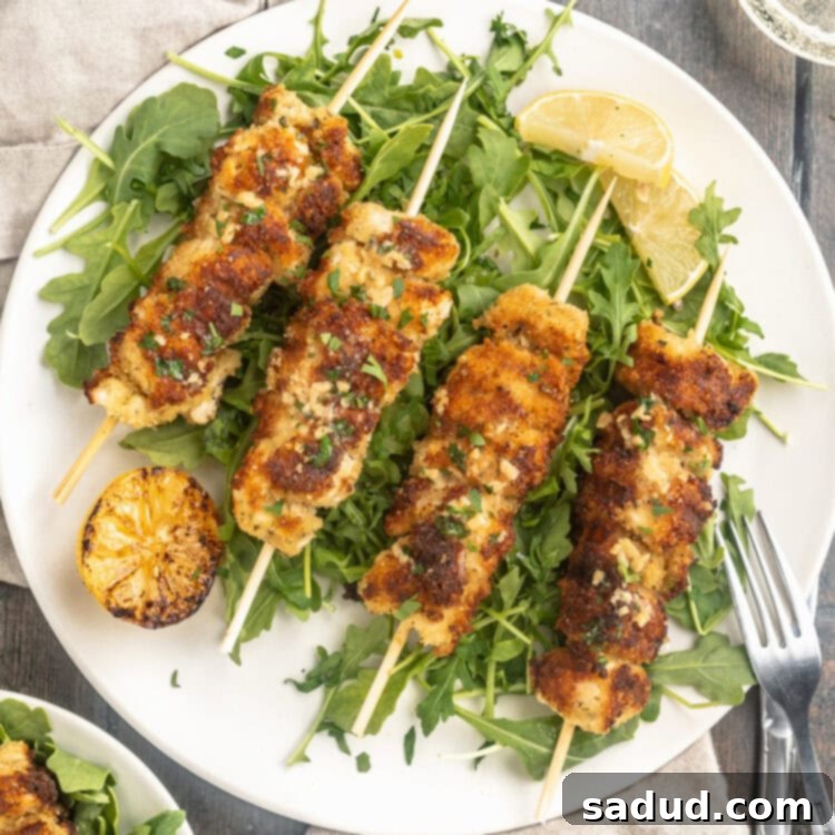 Overhead view of chicken spiedini skewers resting on a bed of lettuce on a round white plate with lemon wedges to garnish.