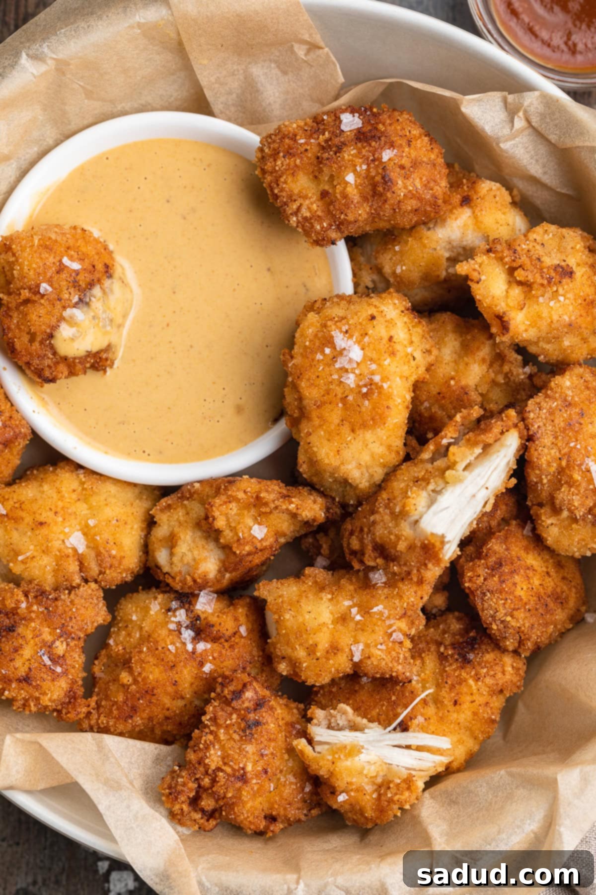 Overhead view of Chick-fil-A style keto chicken nuggets on a plate with keto dipping sauce.