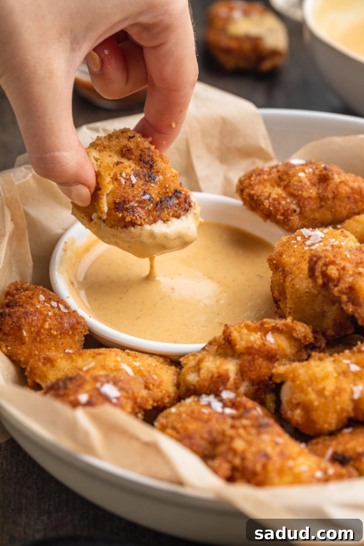A keto chicken nugget above a bowl of keto honey mustard sauce, sauce dripping off the chicken and back into the bowl.