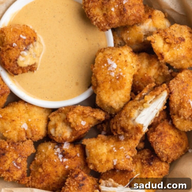 Overhead view of Chick-fil-A style keto chicken nuggets on a plate with keto dipping sauce.