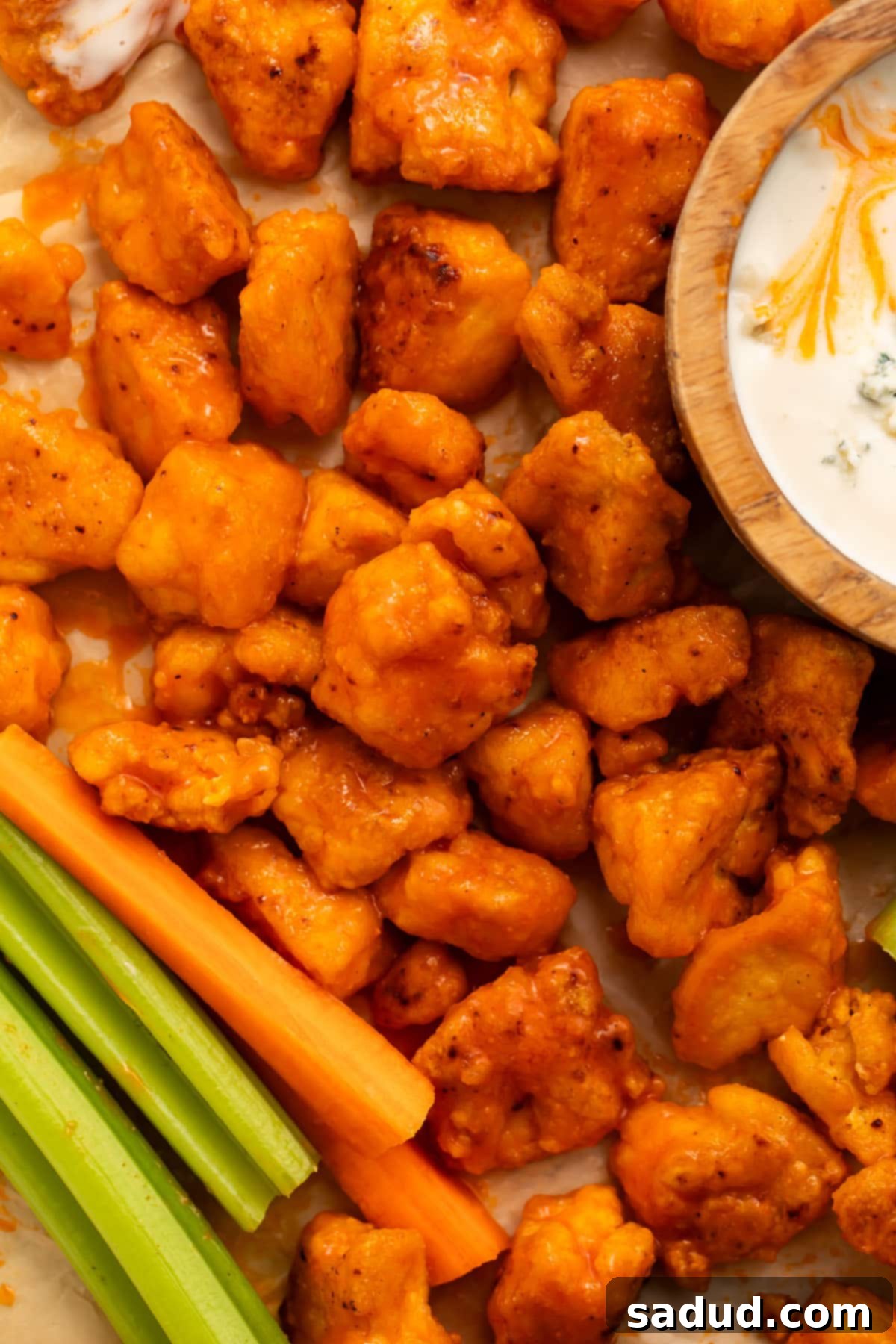 Crispy baked buffalo tofu cubes arranged on parchment paper, served with ranch dressing and celery sticks.