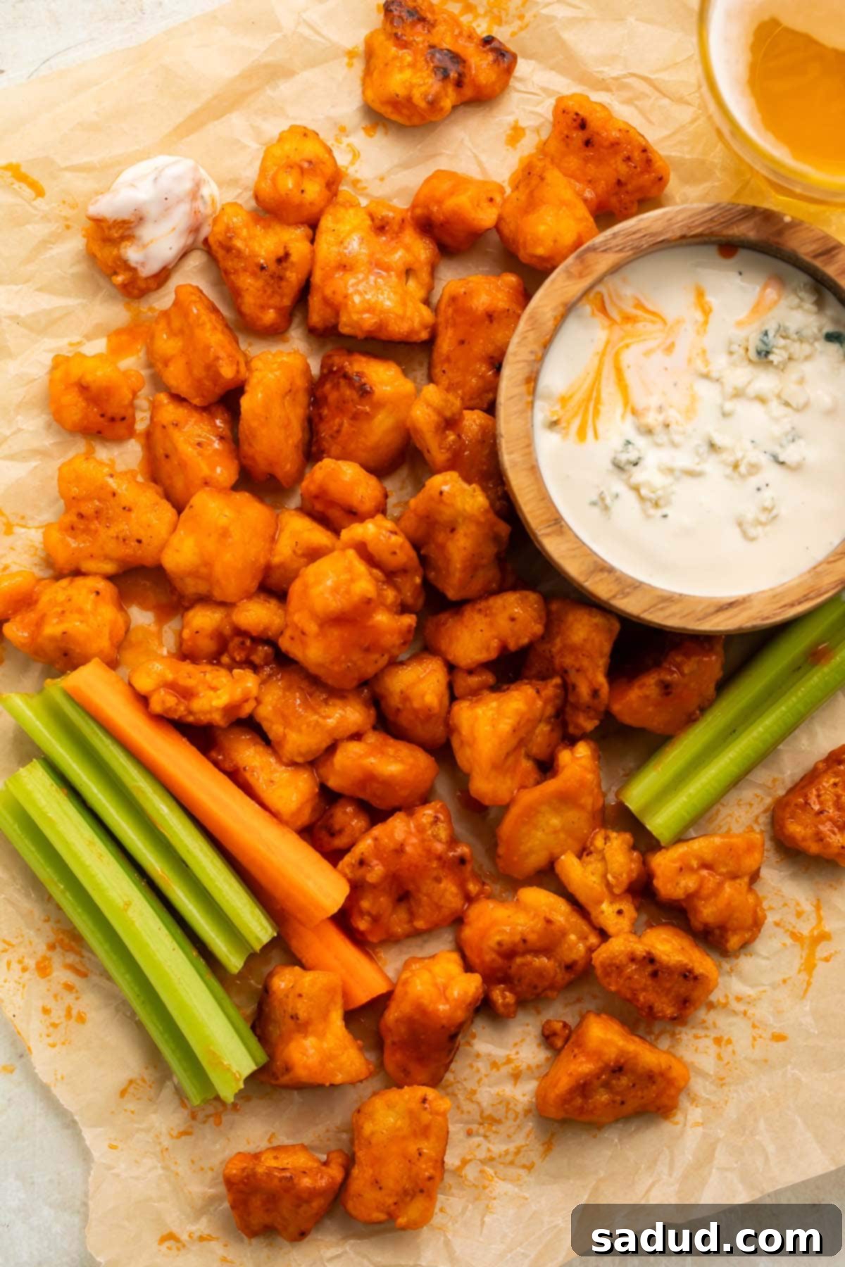 Close-up of golden-brown crispy buffalo tofu pieces, glistening with sauce, on a baking sheet.