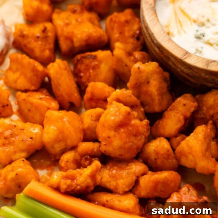 Crispy Buffalo Tofu Bites coated in spicy sauce with a side of ranch and celery.