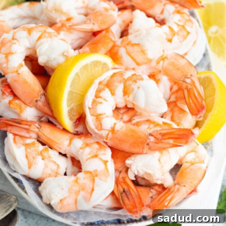 Angled, overhead photo of a tray holding poached shrimp on a bed of ice, with lemon wedges and sauce.