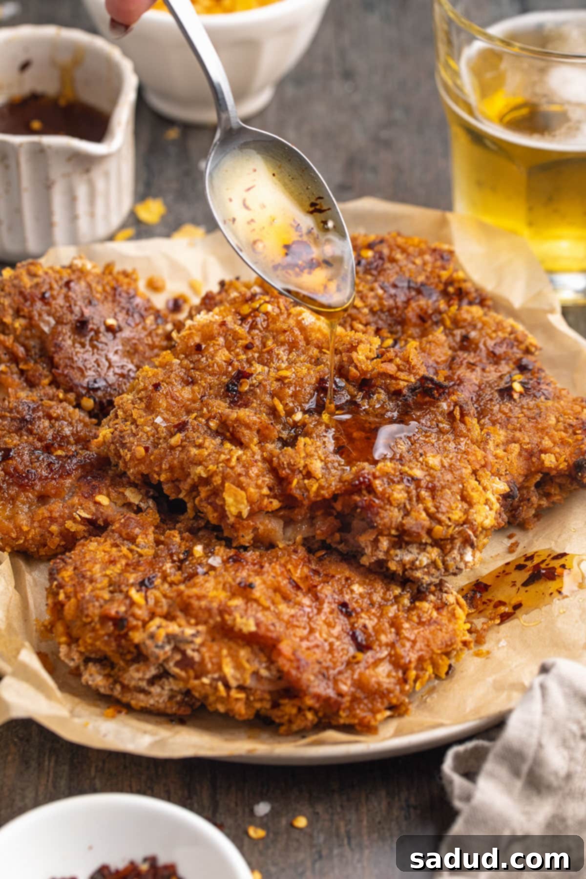 Golden Crispy Hot Honey Chicken 2 Hot honey sauce being drizzled over a crispy baked chicken breast, creating hot honey chicken.