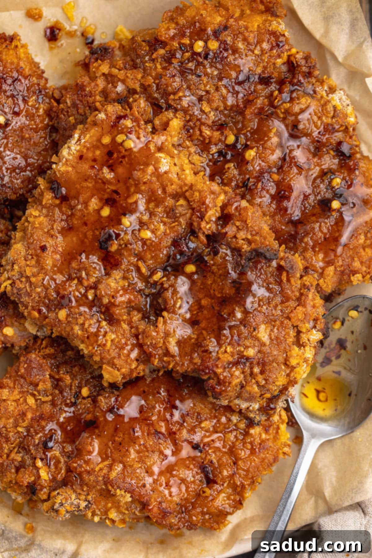 Golden Crispy Hot Honey Chicken 3 Close-up view of hot honey chicken on a plate lined with parchment paper.