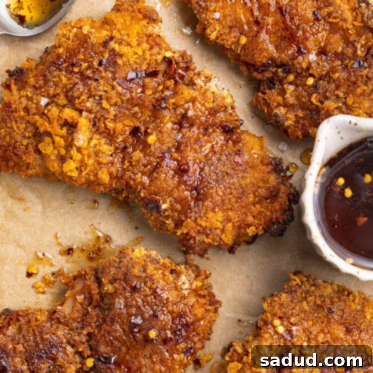 Golden Crispy Hot Honey Chicken 4 Hot honey chicken on a baking sheet lined with parchment paper next to a ramekin of hot honey sauce.