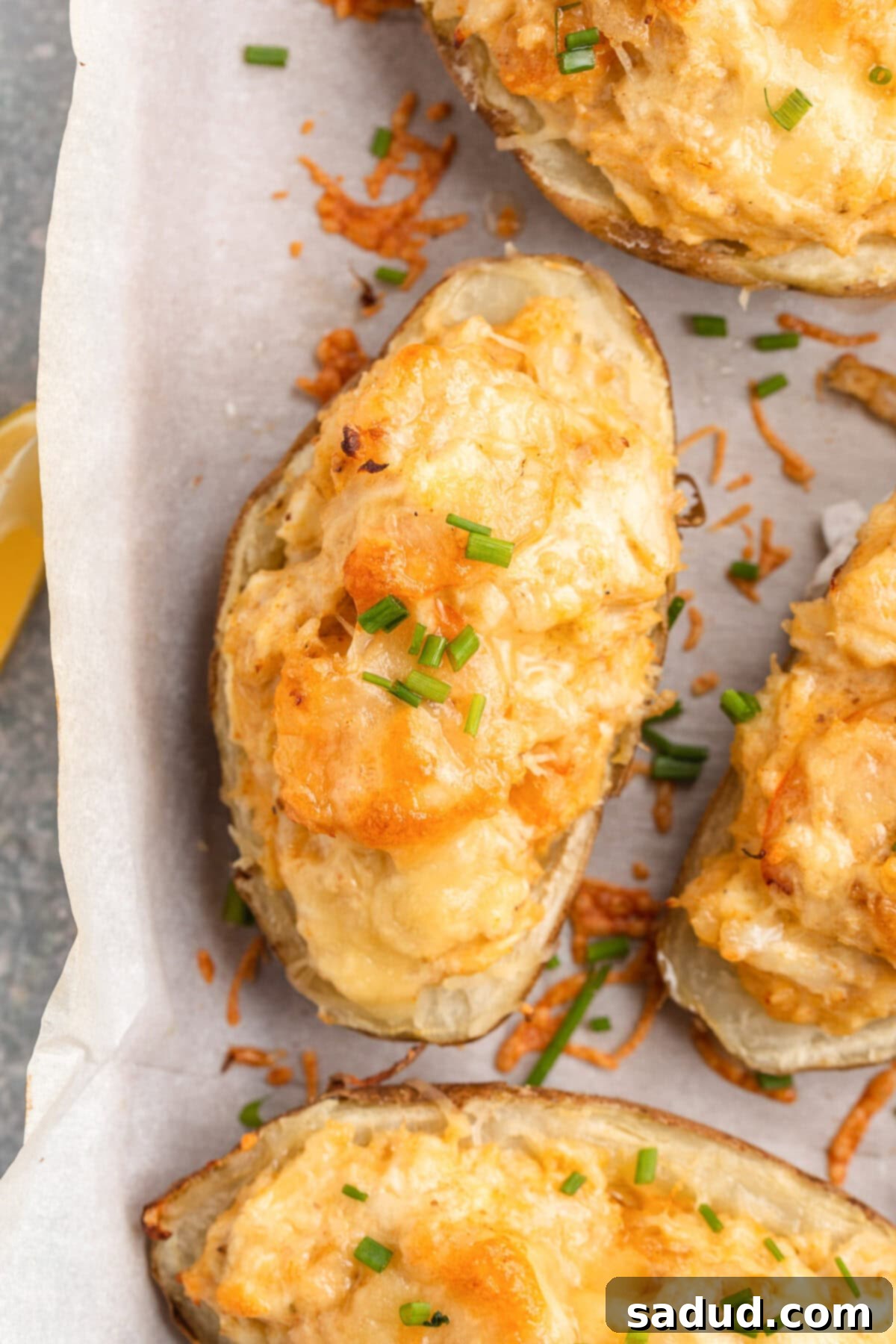 Overhead, top-down view of a halved baked potato stuffed with cheese and various seafoods, garnished with fresh chives.
