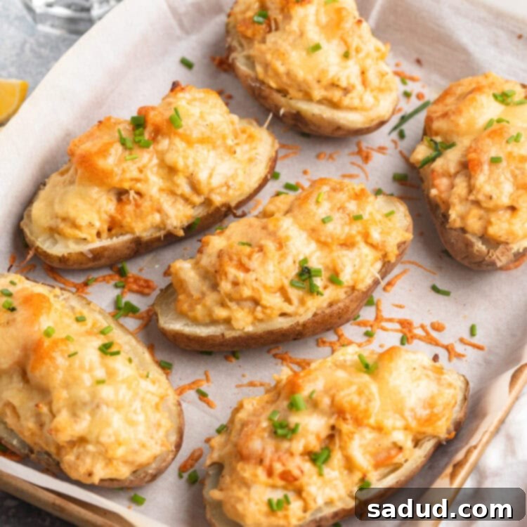 A perfectly baked and stuffed seafood potato, golden and inviting.