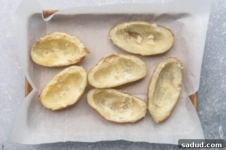 Empty potato skins after flesh has been removed.